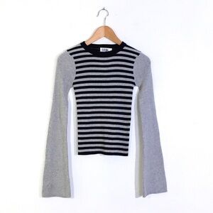 SEEK The Label Gray Black Striped Ribbed Crew Neck Long Sleeve Top S